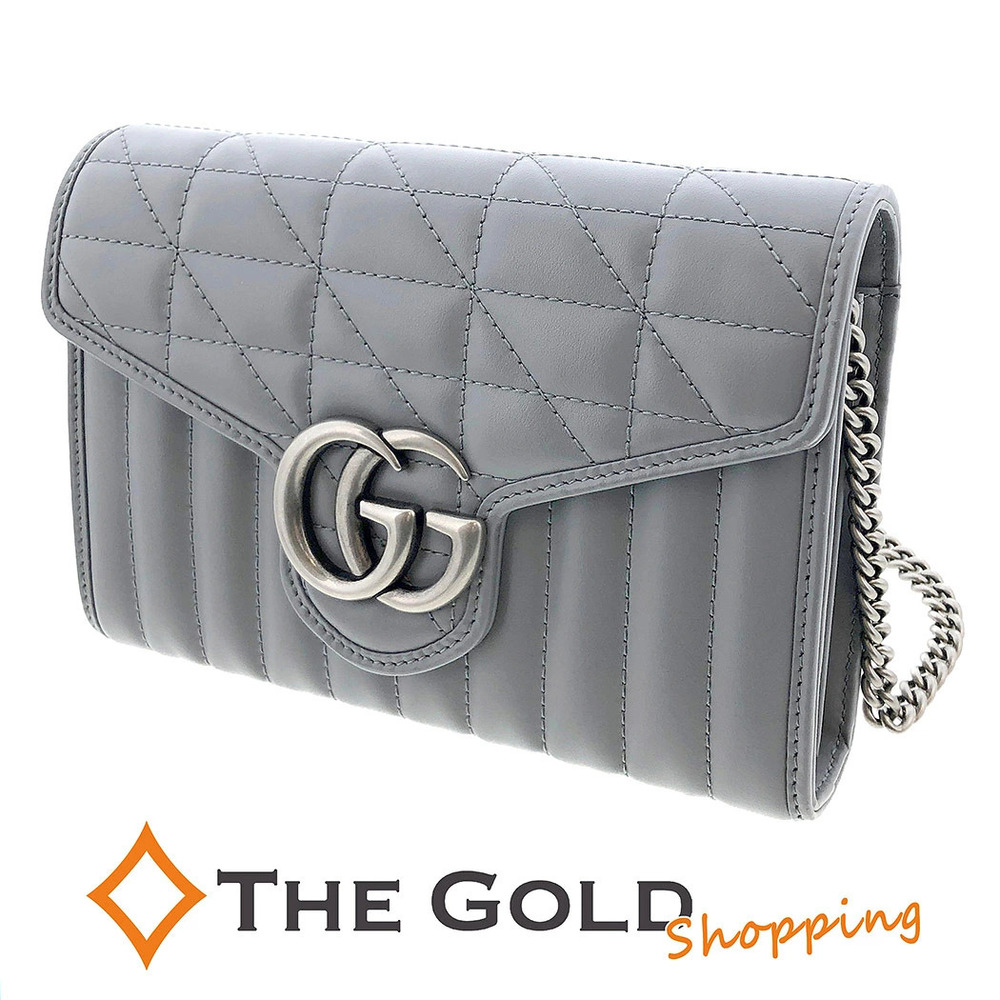 Gucci GG Marmont Quilted Chain Leather Wallet Pouch Crossbody Bag Gray